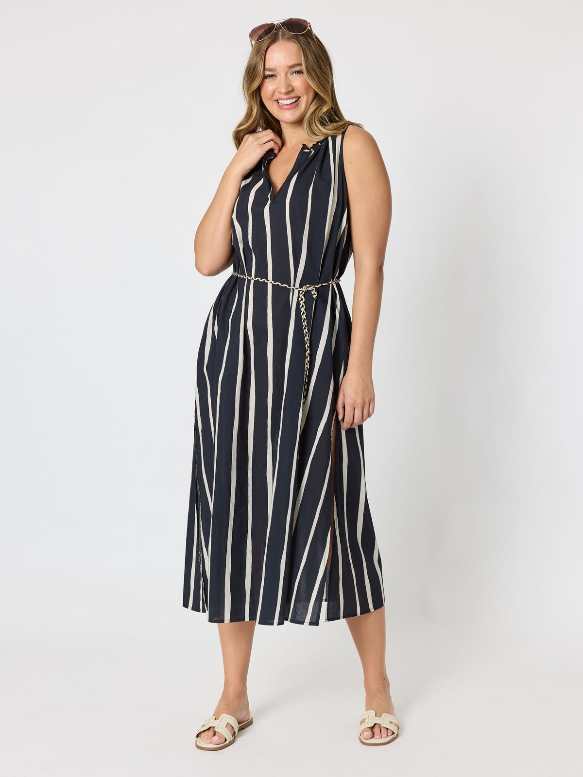 Threadz Sunset Safari Sleeveless Stripe Print Dress (Black/Ivory)