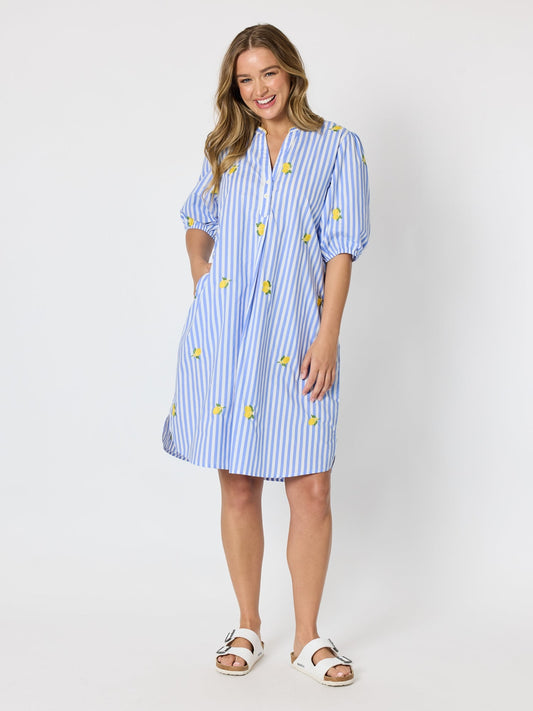Image of Dresses. Product name - Spritz Embroidered Stripe Print Dress Blue/White in Blue/White colour by brand - Threadz
