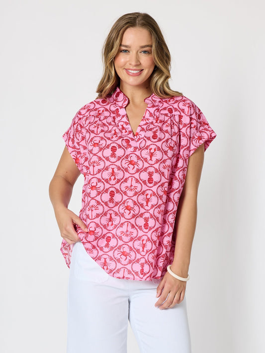Image of a model wearing Tops. Product name - Laguna Beach Print Top Rose Multi in Rose Multi colour by brand - Threadz