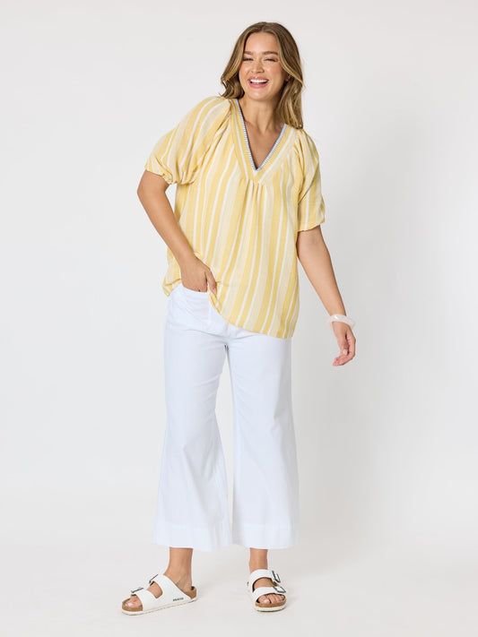 Threadz Seaport Stripe Print V Neck Top (Lemon White)