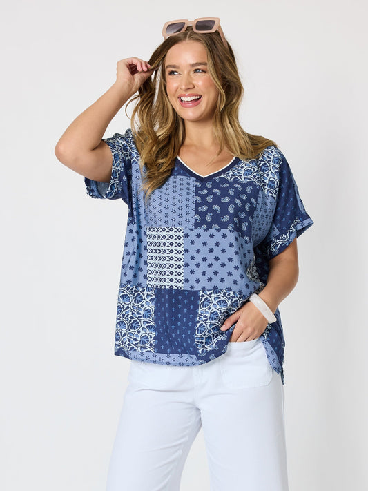 Image of a model wearing Tops. Product name - Costa Mesa Print Top Navy Multi in Navy Multi colour by brand - Threadz