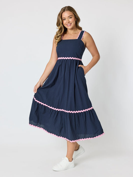 Image of Dresses. Product name - Casablanca Ric Rac Sundress Navy in Navy colour by brand - Threadz