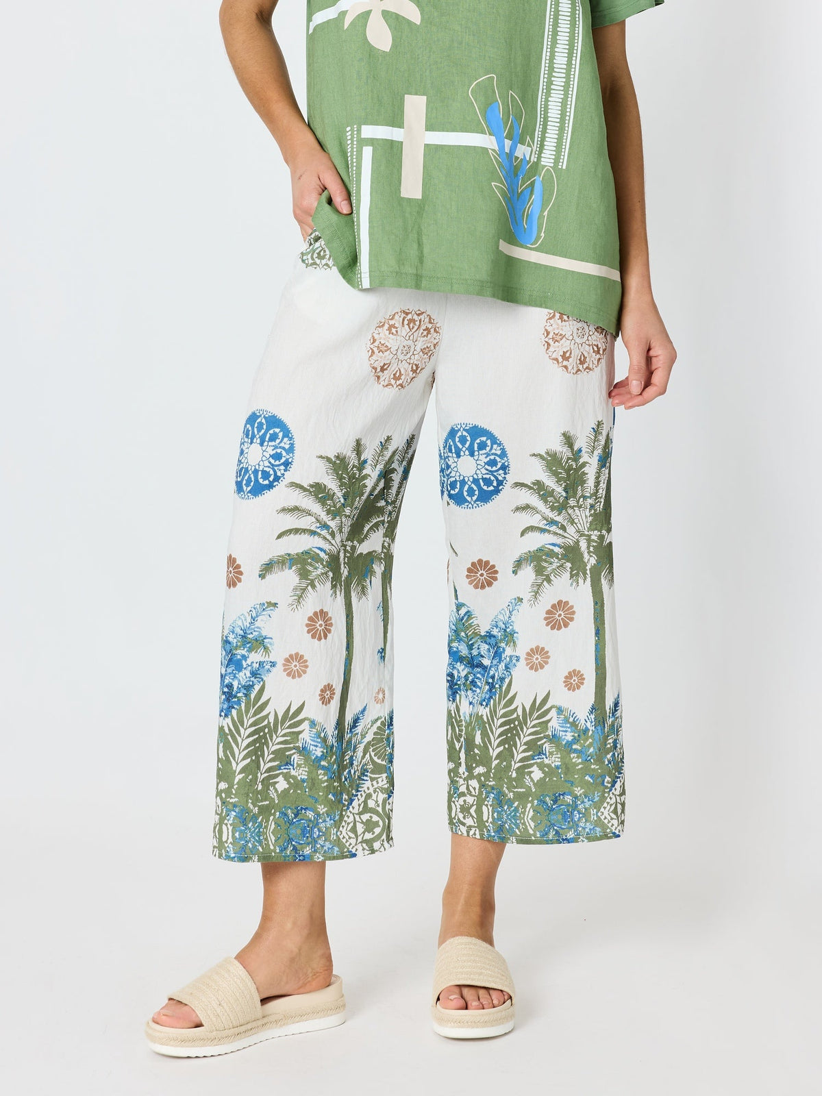 Image of a model wearing Pants. Product name - Escape Print Wide Leg Pant Fern Multi in Fern Multi colour by brand - Clarity