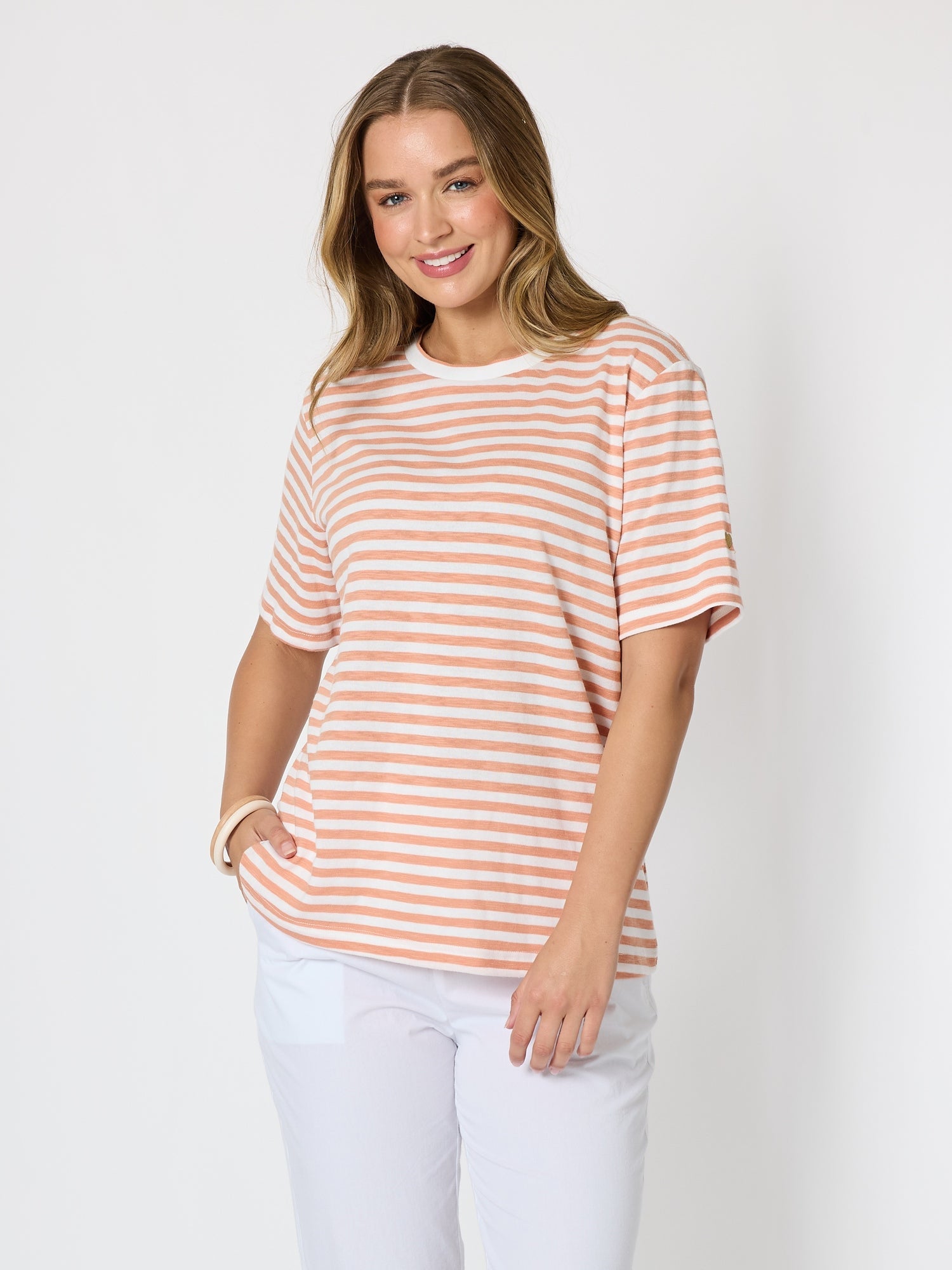 Image of T-Shirts. Product name - Charmed Stripe Cotton Tee Ginger in Ginger colour by brand - Threadz
