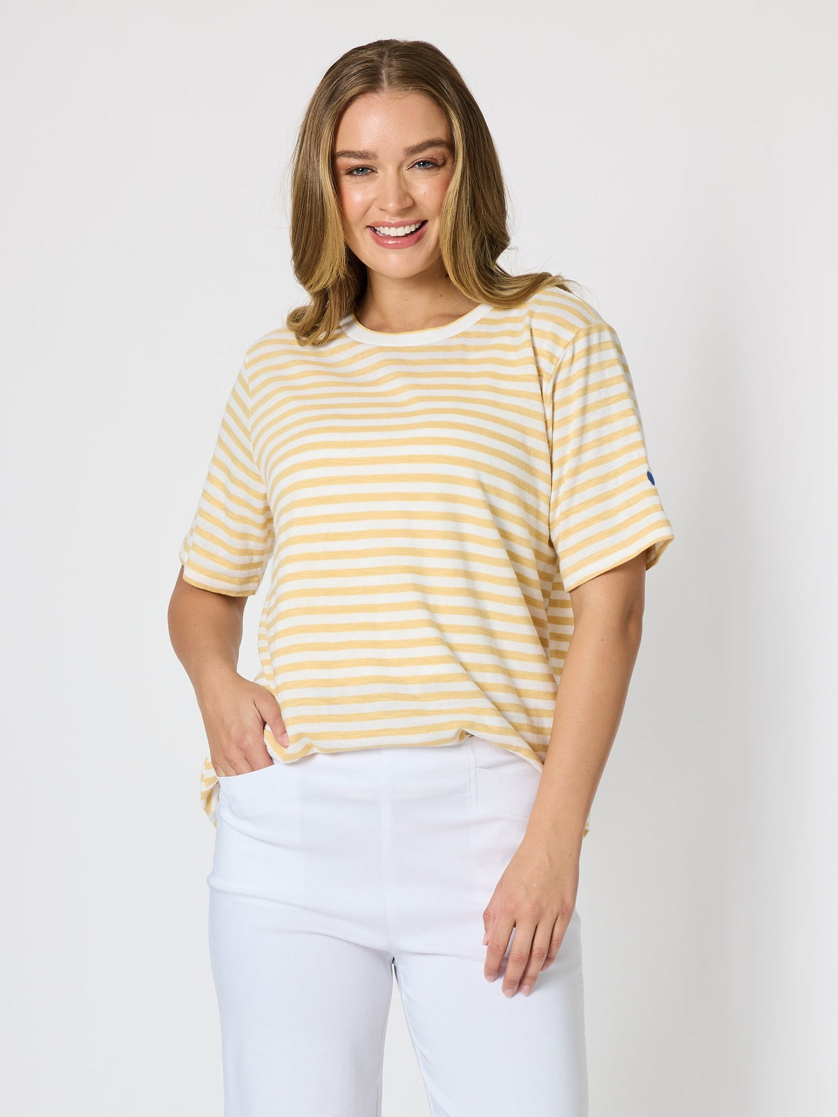 Image of T-Shirts. Product name - Charmed Stripe Cotton Tee Lemon in Lemon colour by brand - Threadz