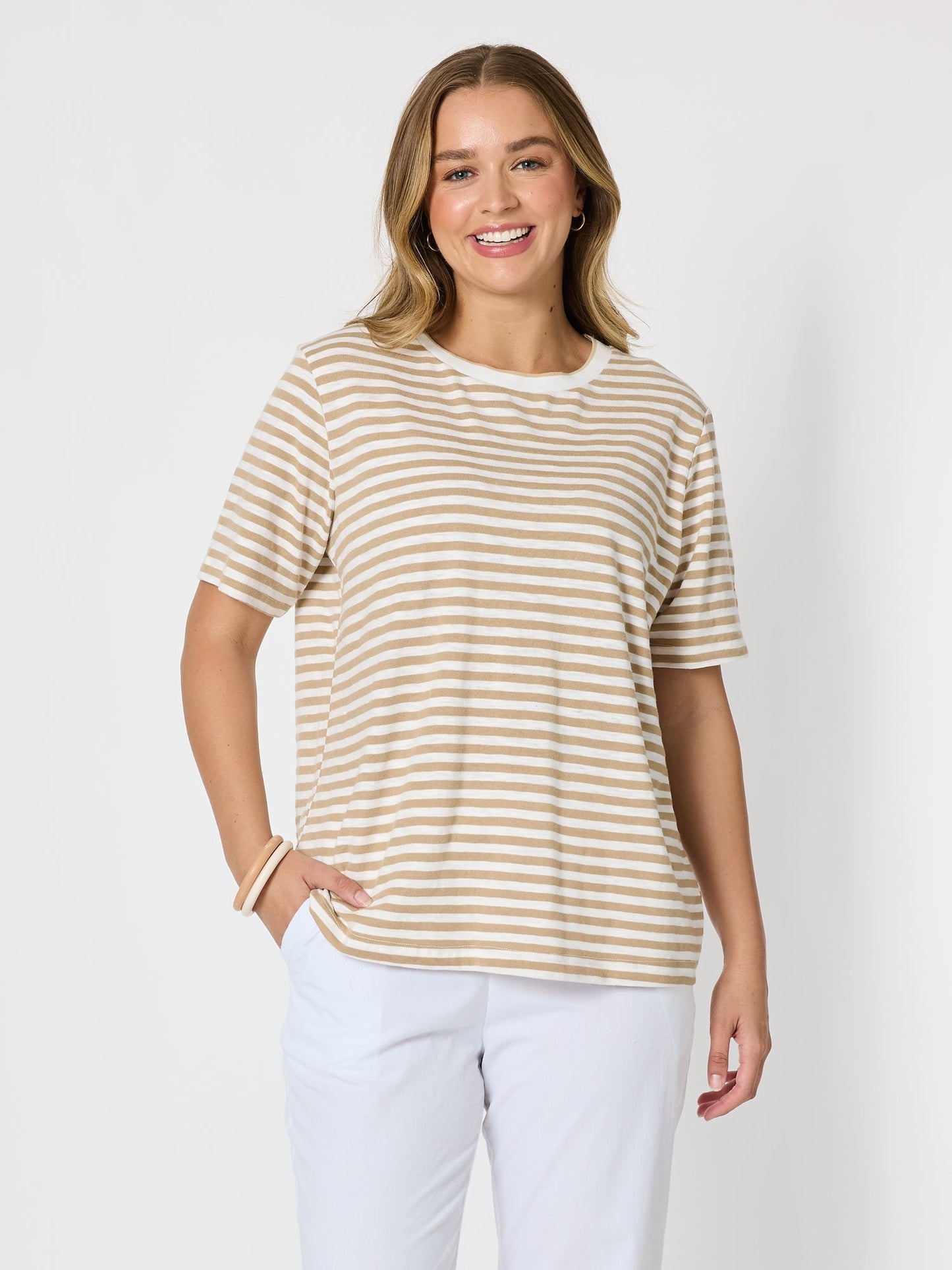 Image of T-Shirts. Product name - Charmed Stripe Cotton Tee Natural in Natural colour by brand - Threadz