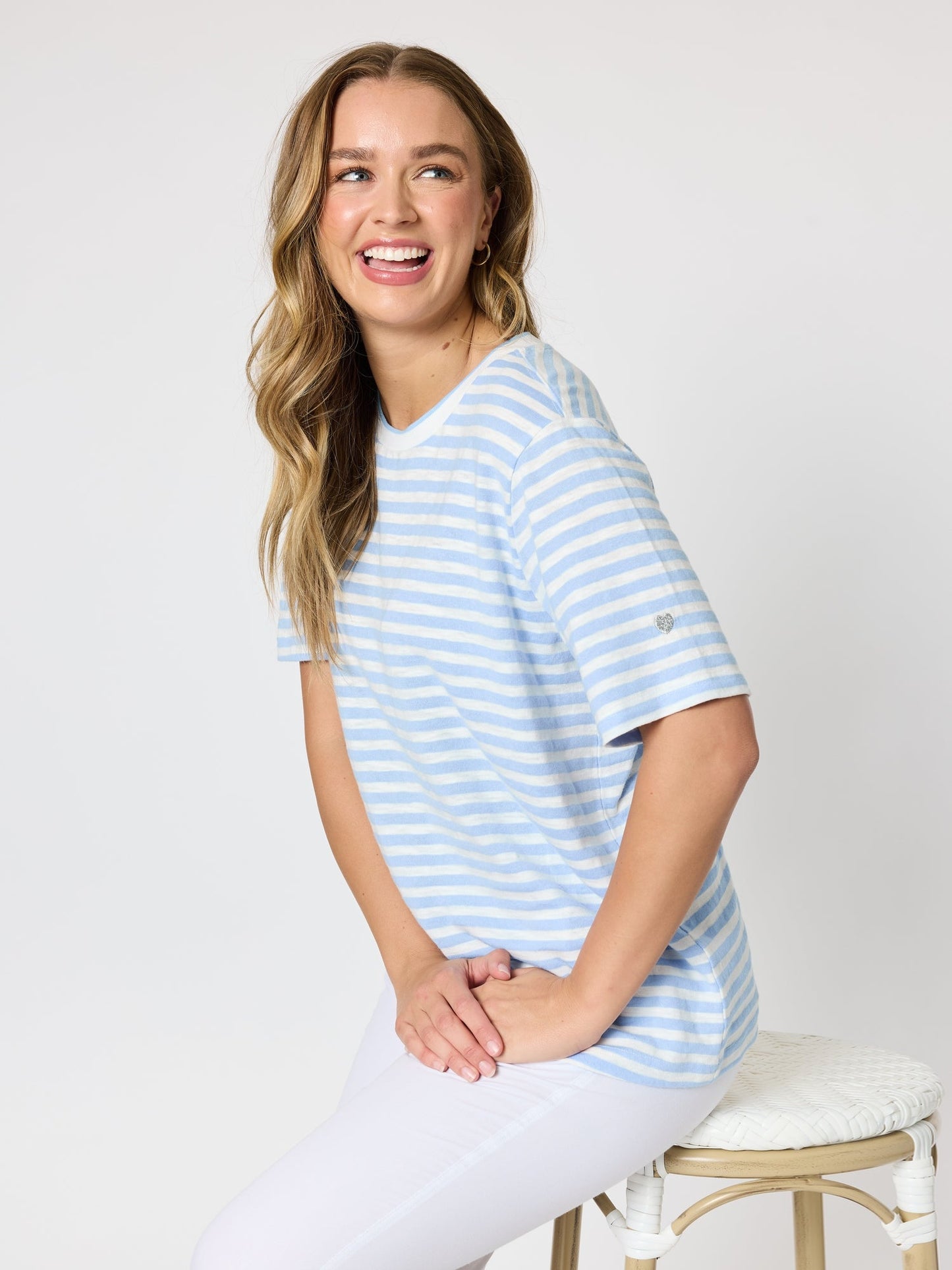 Image of T-Shirts. Product name - Charmed Stripe Cotton Tee Sky Blue in Sky Blue colour by brand - Threadz