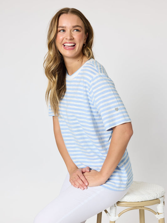 Image of T-Shirts. Product name - Charmed Stripe Cotton Tee Sky Blue in Sky Blue colour by brand - Threadz