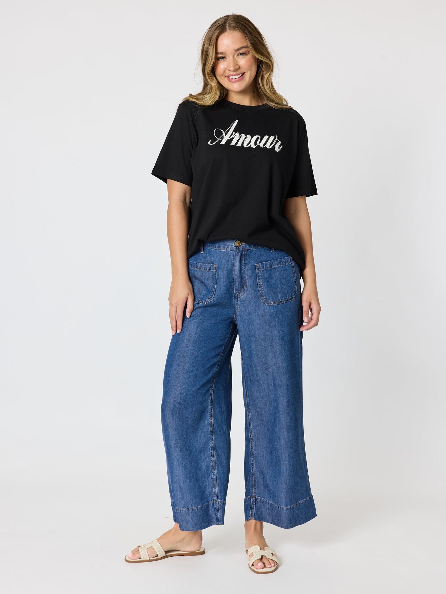 Threadz Dune Carpenter Wide Leg Cropped Pant (Dark Denim)