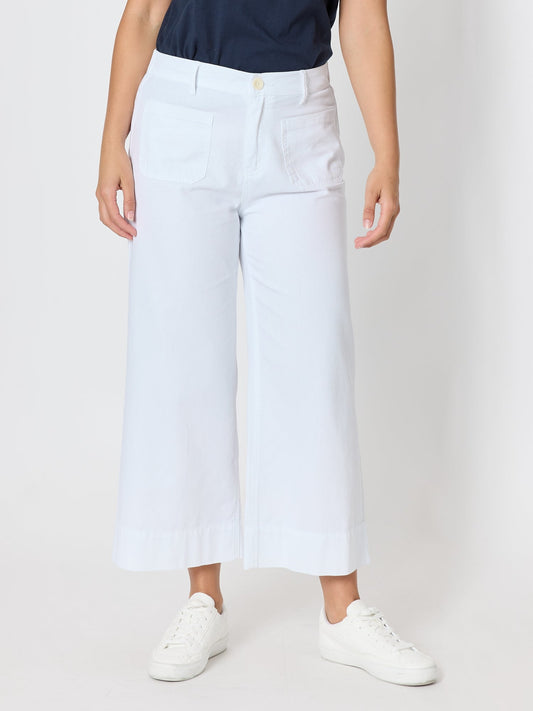 Image of a model wearing Pants. Product name - Dune Carpenter Wide Leg Cropped Pant White in White colour by brand - Threadz