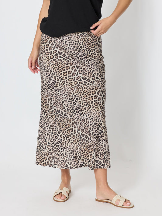 Image of a model wearing Skirts. Product name - Serengeti Print Skirt Animal in Animal colour by brand - Threadz