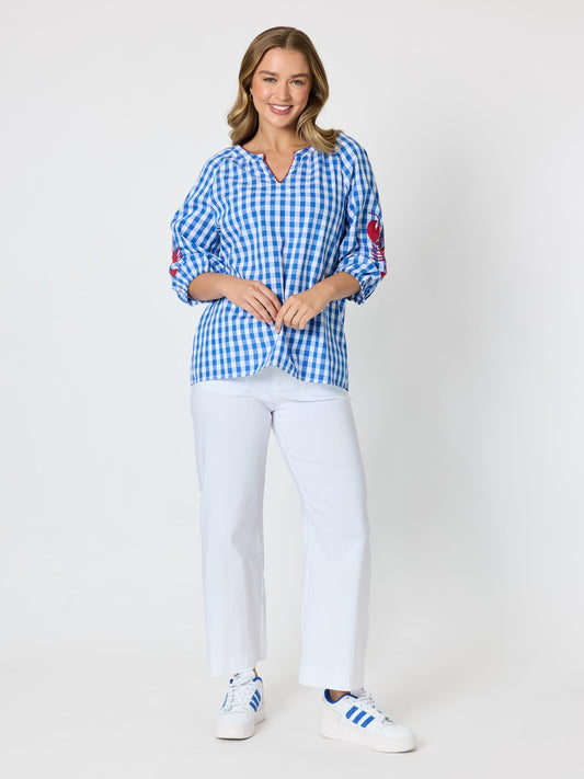 Threadz Cove Embroidered Gingham Print Top (Azure White)
