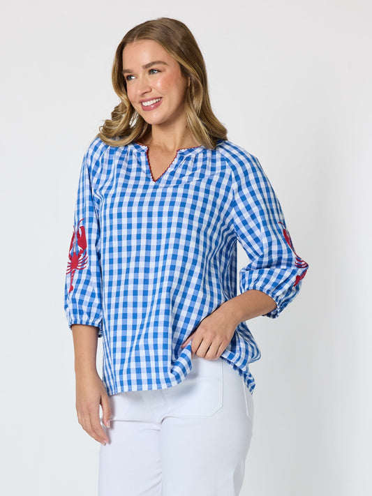 Threadz Cove Embroidered Gingham Print Top (Azure White)