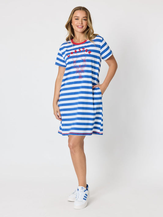 Image of Dresses. Product name - Rhode Island Embroidered Stripe Dress Azure White in Azure White colour by brand - Threadz