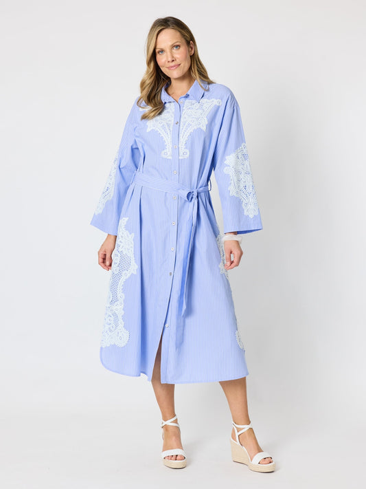 Image of Dresses. Product name - Ocean Stripe Lace Shirt Dress Blue/White in Blue/White colour by brand - Hammock & Vine