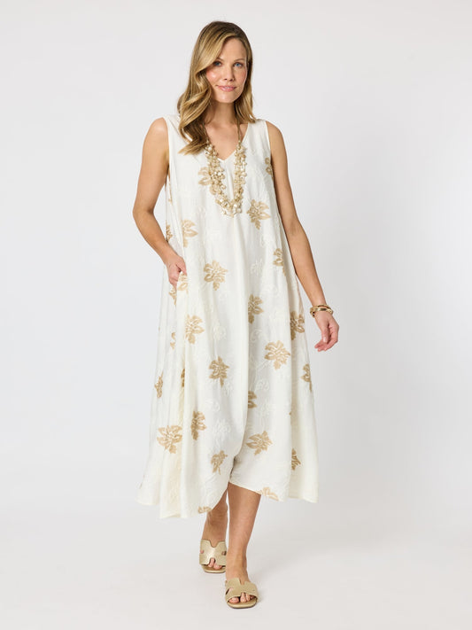Image of Dresses. Product name - Island Breeze Embroidered Dress Ivory Gold in Ivory Gold colour by brand - Hammock & Vine
