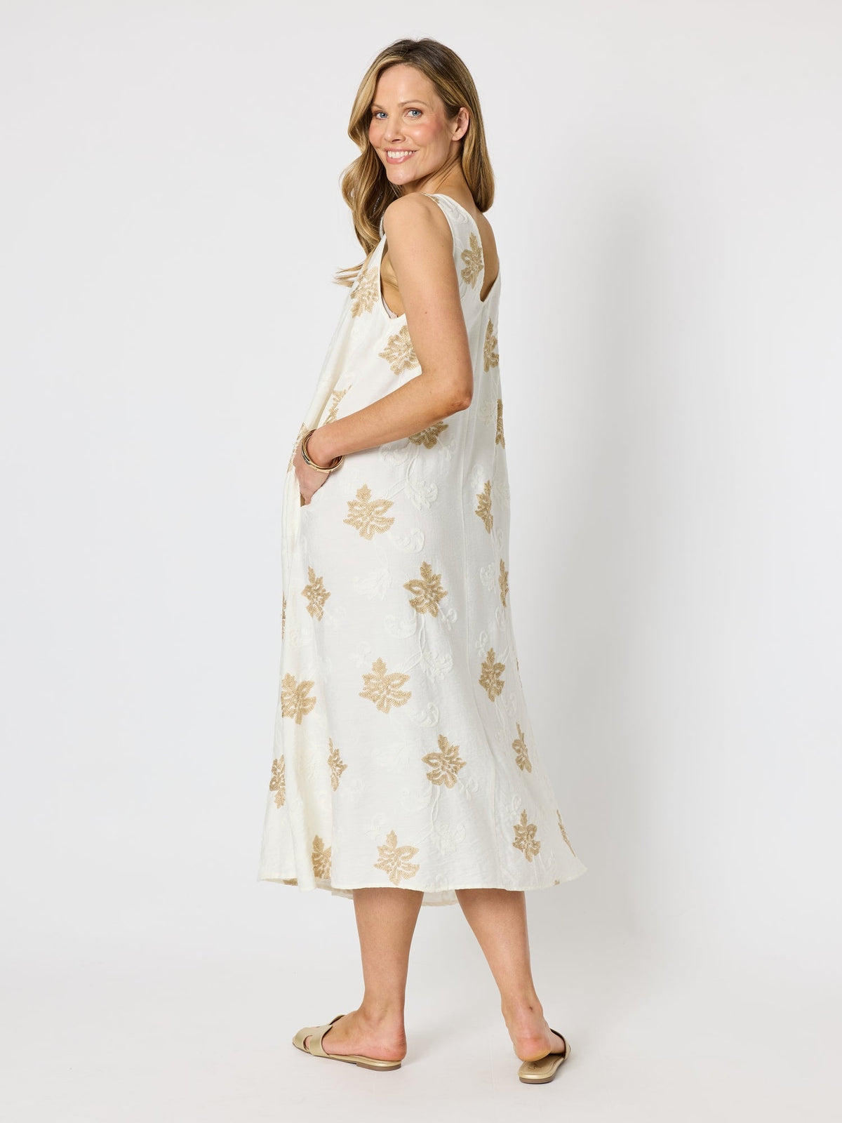 Hammock & Vine Island Breeze Embroidered Dress (Ivory Gold)