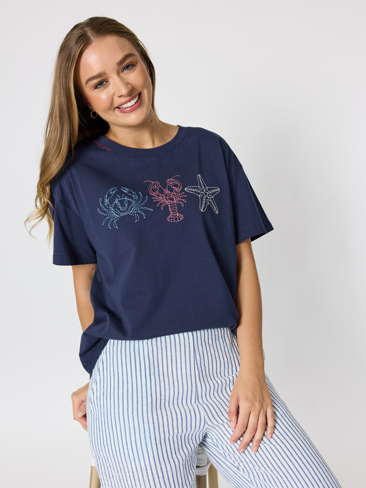 Image of T-Shirts. Product name - Beachside Embroidered Tee Navy in Navy colour by brand - Threadz