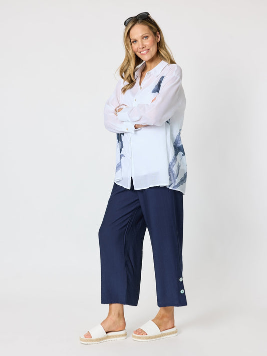 Clarity Rosa Floral Print Sheer Shirt (White/Navy)