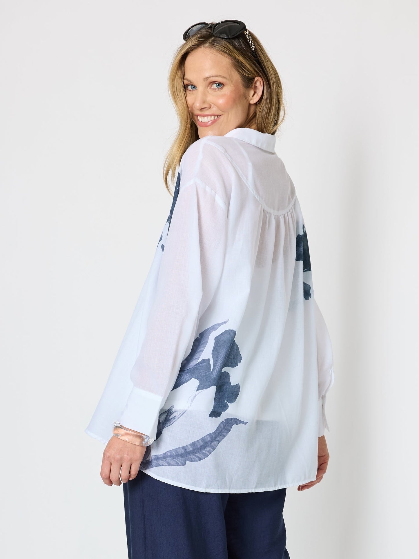 Clarity Rosa Floral Print Sheer Shirt (White/Navy)
