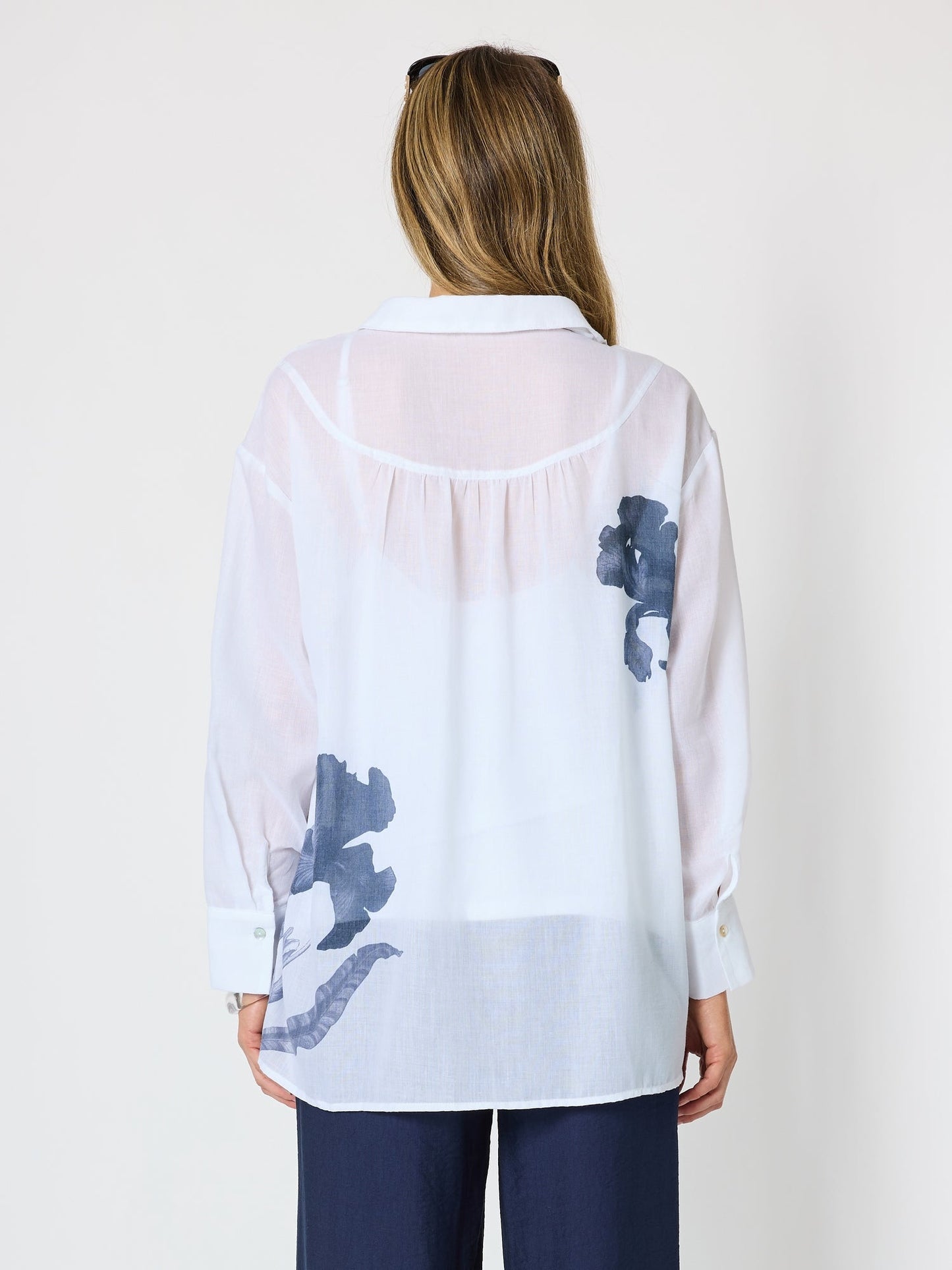 Clarity Rosa Floral Print Sheer Shirt (White/Navy)