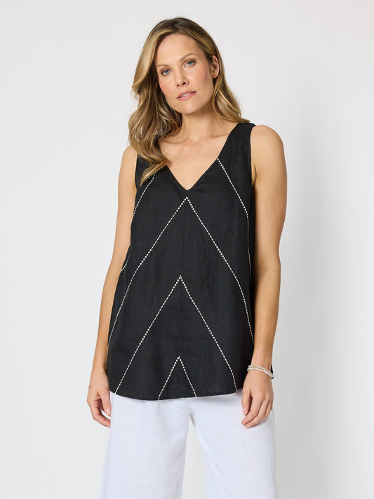 Image of a model wearing Tops. Product name - Haven Chevron Stitch Linen Cami Black/White in Black/White colour by brand - Hammock & Vine