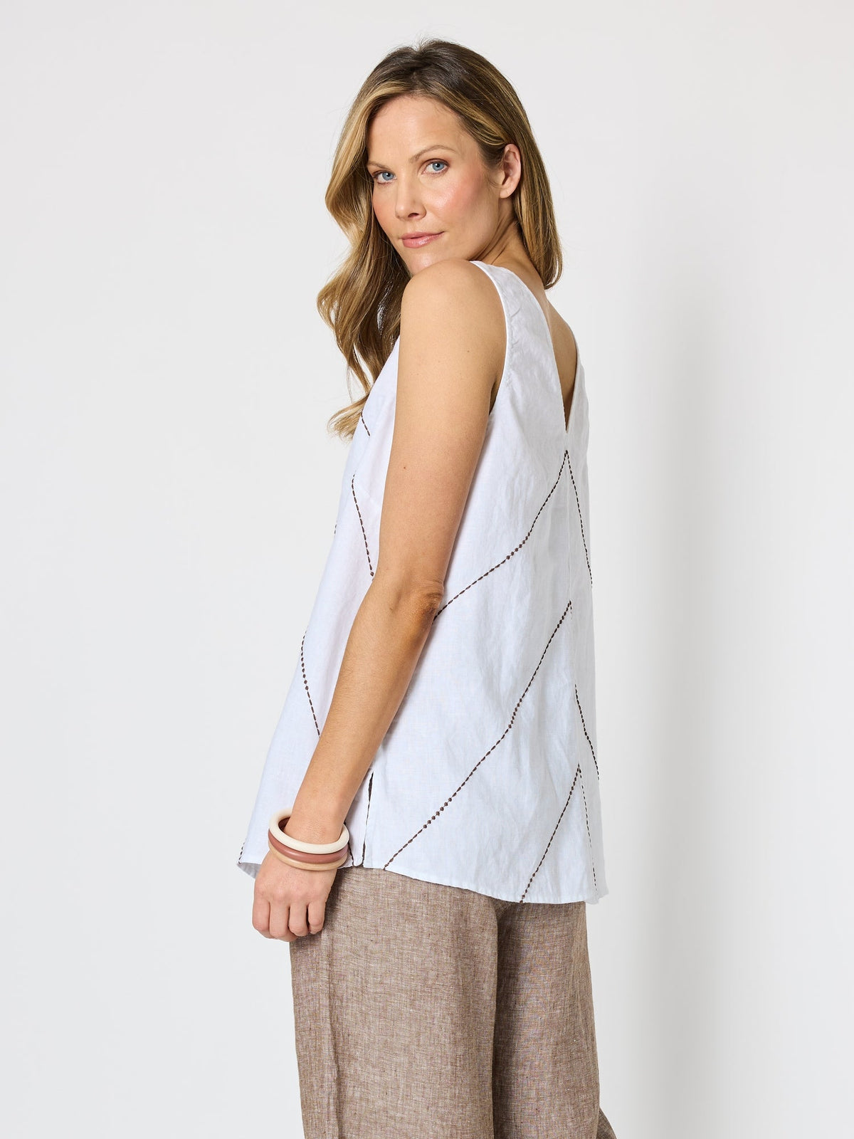 Hammock & Vine Haven Chevron Stitch Linen Cami (White Mocha)