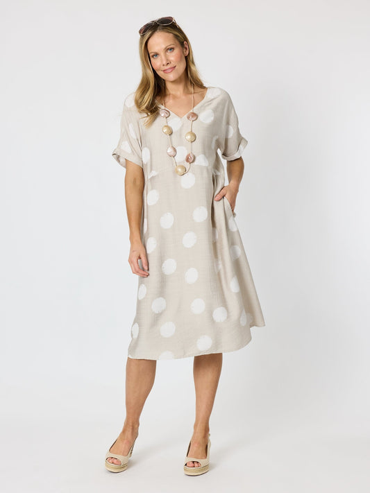 Image of Dresses. Product name - Riviera Spot Print Dress Natural/White in Natural/White colour by brand - Clarity