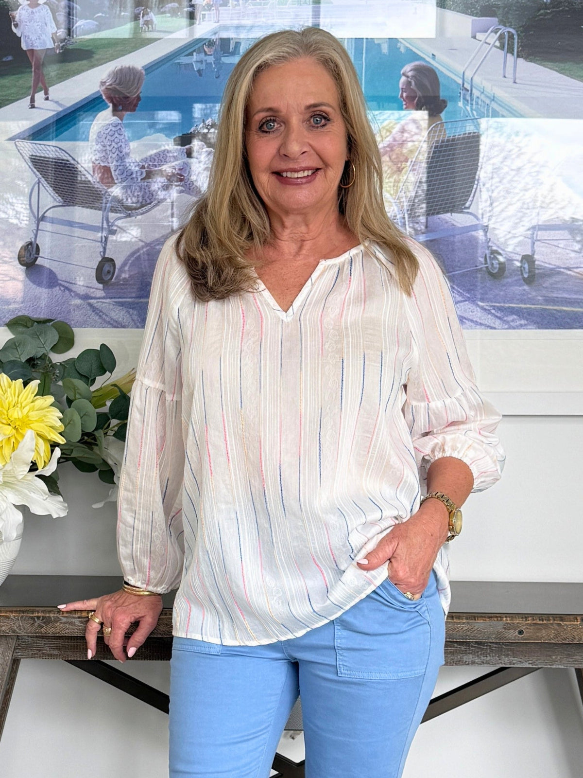 Image of a model wearing Tops. Product name - Sail Stripe Print Top White Multi in White Multi colour by brand - Gordon Smith