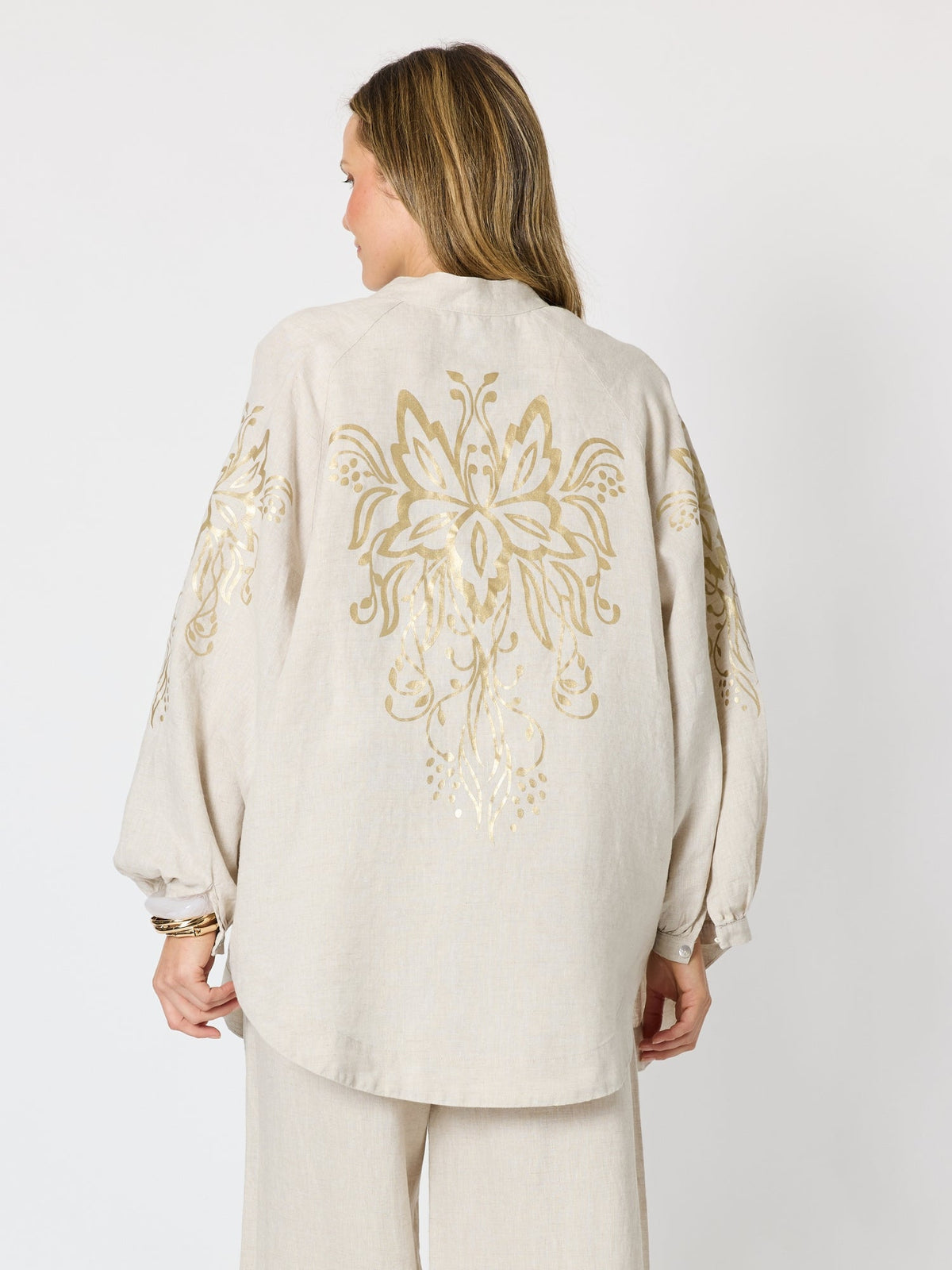 Hammock & Vine Soleil Foil Print Linen Duster (Natural Gold)