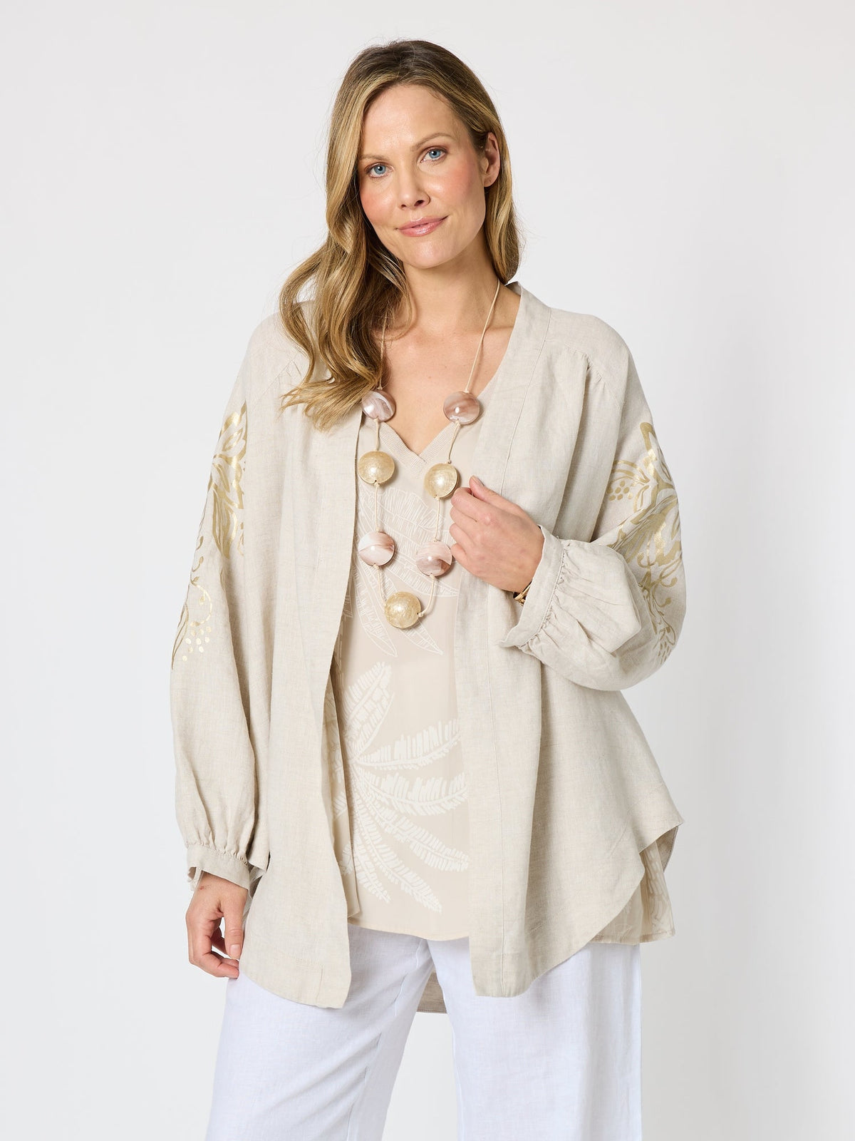 Image of Coats & Jackets. Product name - Soleil Foil Print Linen Duster Natural Gold in Natural Gold colour by brand - Hammock & Vine