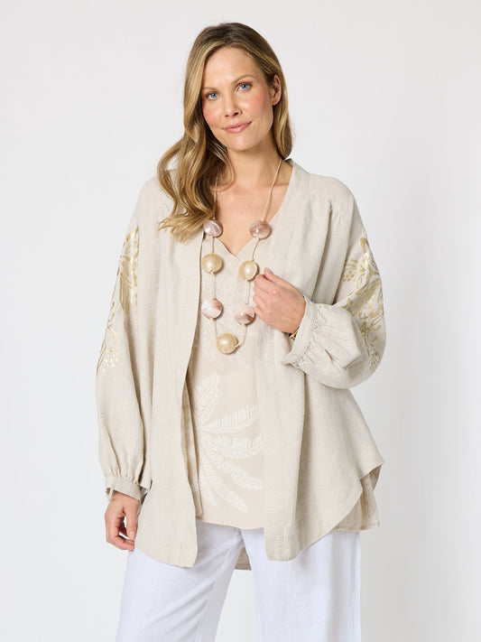 Image of Coats & Jackets. Product name - Soleil Foil Print Linen Duster Natural Gold in Natural Gold colour by brand - Hammock & Vine