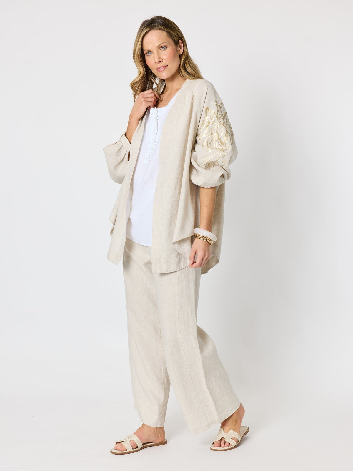 Hammock & Vine Soleil Foil Print Linen Duster (Natural Gold)