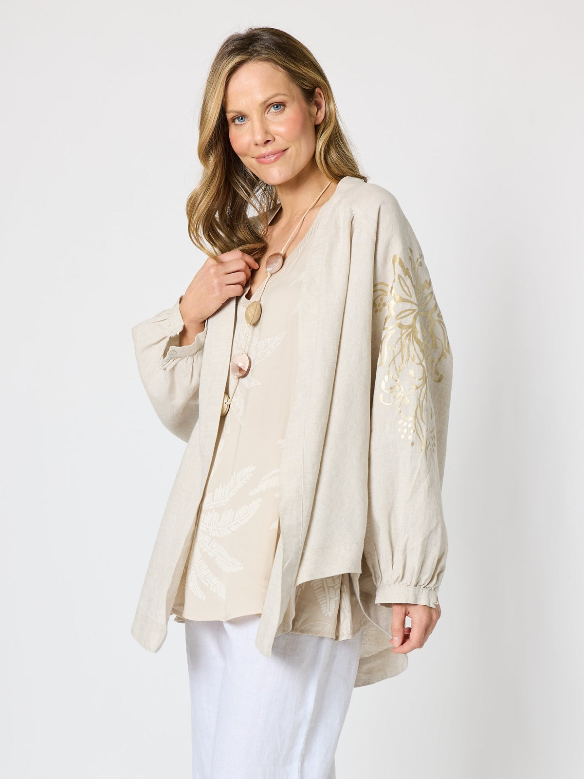 Hammock & Vine Soleil Foil Print Linen Duster (Natural Gold)