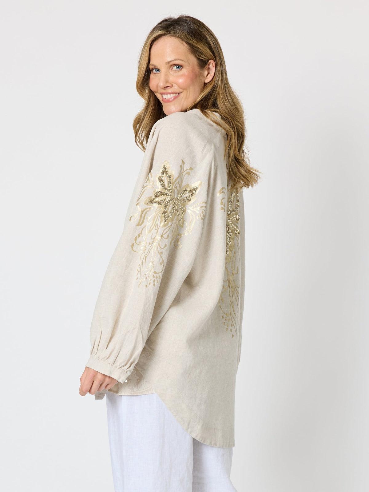 Hammock & Vine Soleil Foil Print Linen Duster (Natural Gold)