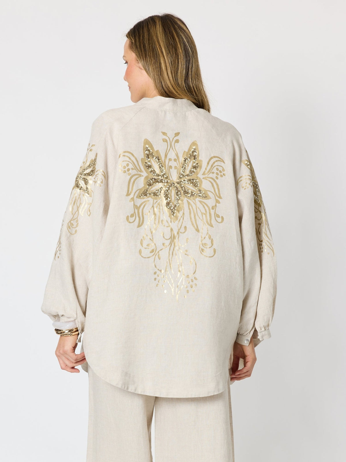 Hammock & Vine Soleil Foil Print Linen Duster (Natural Gold)