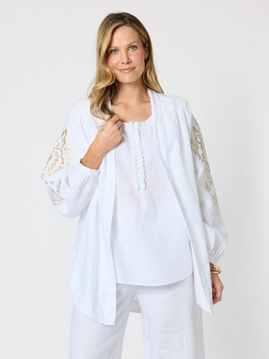 Image of Coats & Jackets. Product name - Soleil Foil Print Linen Duster White/Gold in White/Gold colour by brand - Hammock & Vine