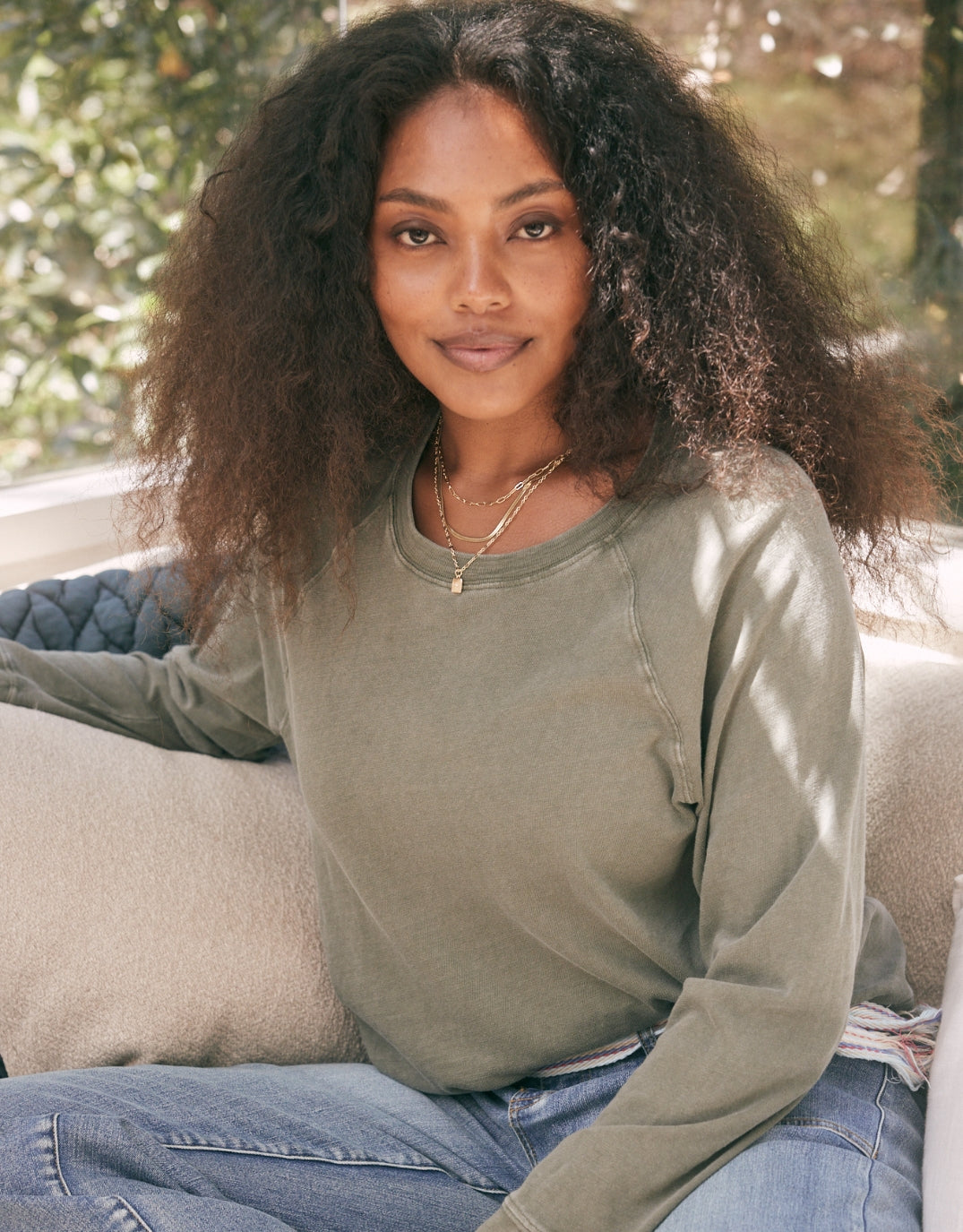 Image of a model wearing Tops. Productname: Sunset Throw On Top - in Washed Khaki colour by brand - White & Co.