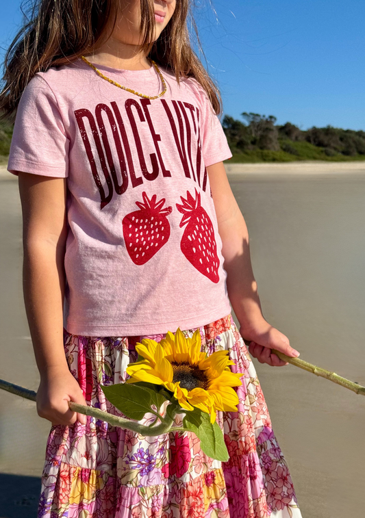Image of a model wearing Tops. Productname: LITTLE AUGUSTE Little Auguste - Sweet Life Classic Tee in Pink colour by brand - LITTLE AUGUSTE