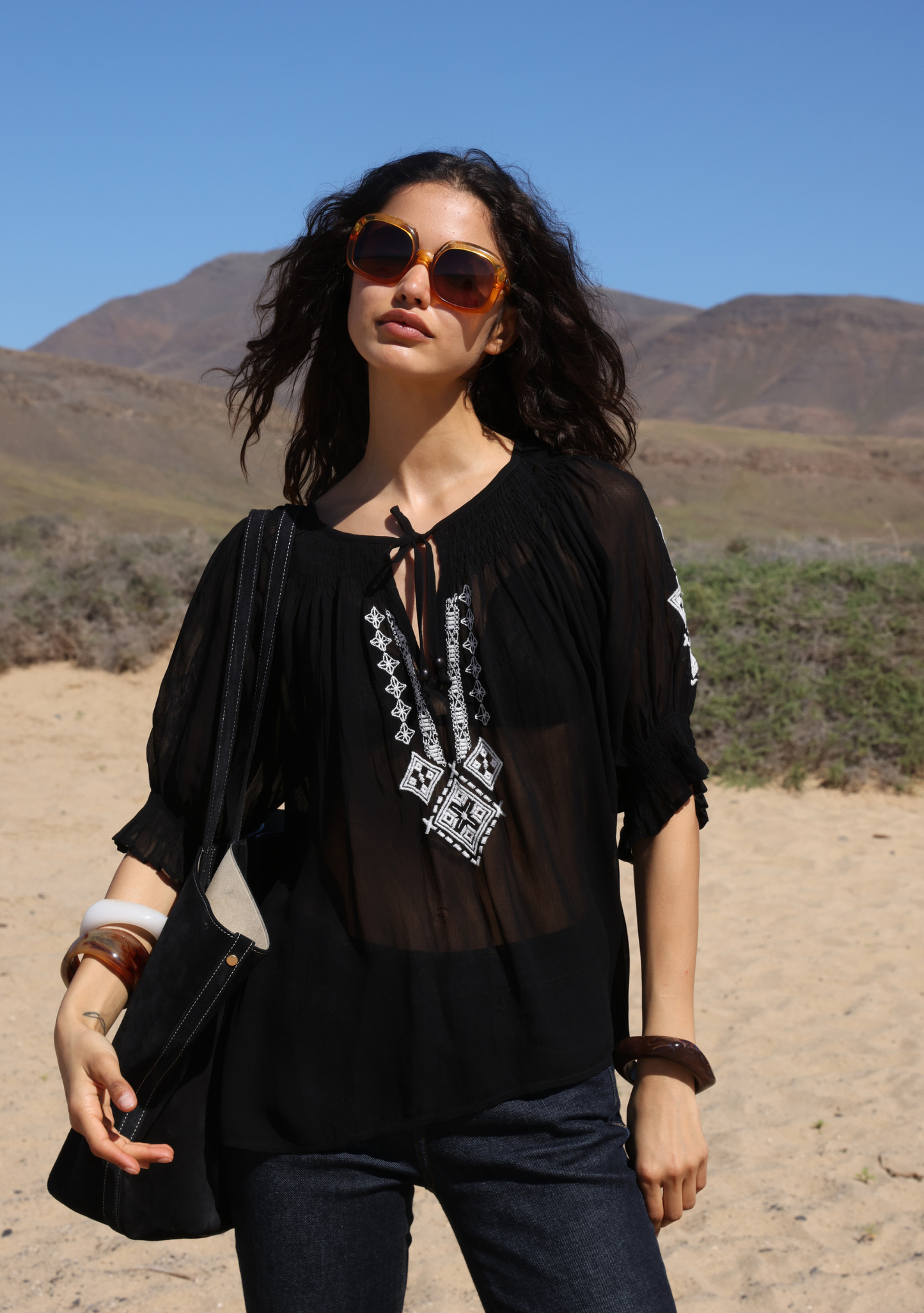Image of Shirts. Productname: Auguste The Label Stevie Embroidered Blouse in Black colour by brand - Auguste The Label