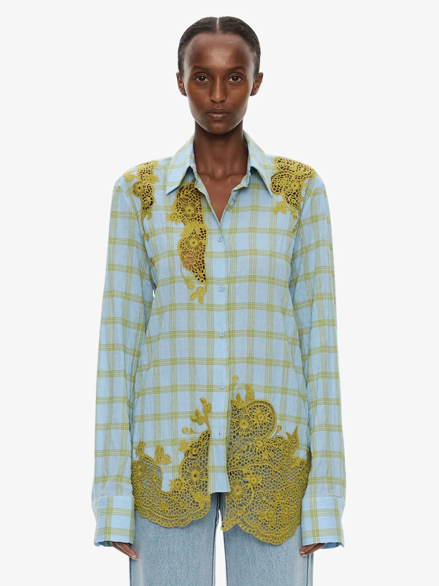 Image of Clothing Tops. Product name - Maya Embroidered Handkerchief Shirt in Check colour by brand - CHRISTOPHER ESBER