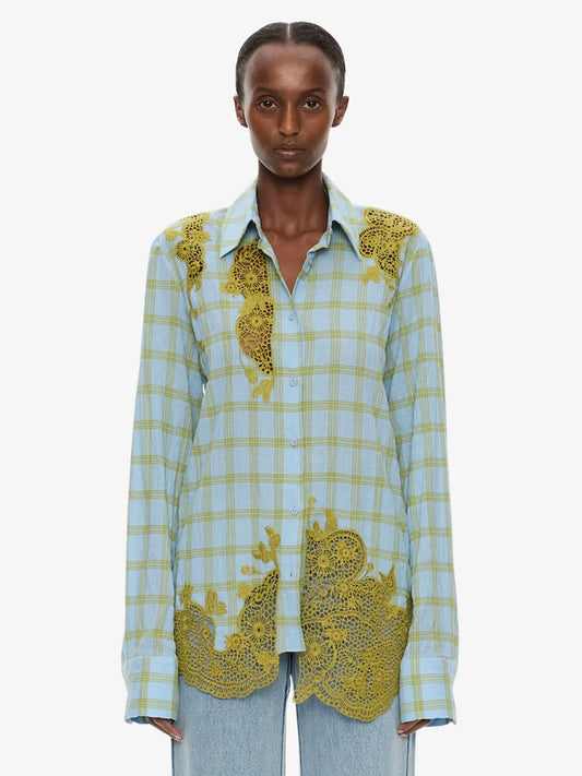Image of Clothing Tops. Product name - Maya Embroidered Handkerchief Shirt in Check colour by brand - CHRISTOPHER ESBER