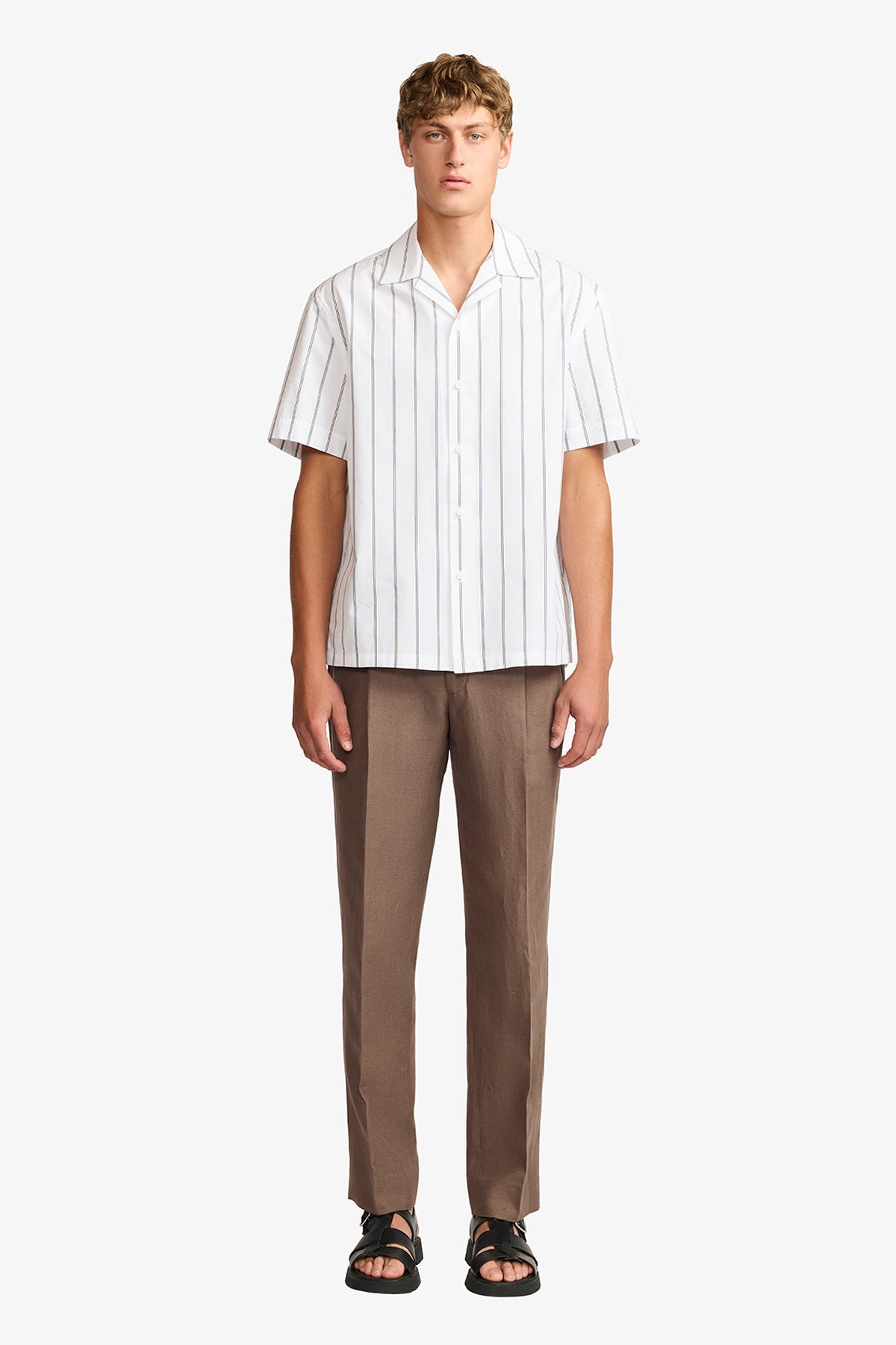 Image of a model wearing Tops. Productname: Anthony Squires Ly white stripe poplin S/S shirt in White colour by brand - Anthony Squires