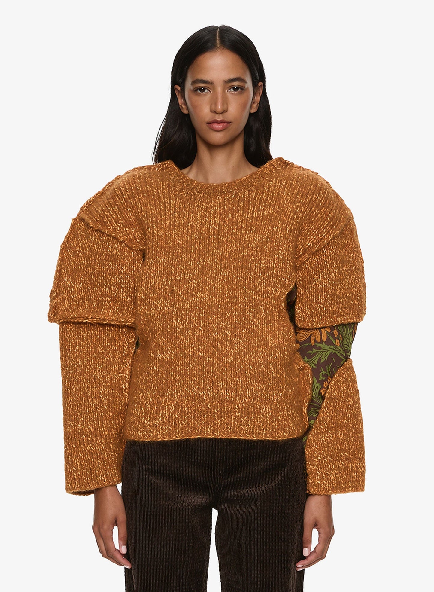 Image of a model wearing Outerwear. Productname: CHRISTOPHER ESBER Deconstructed Brocade Knit Sweater in Multi colour by brand - CHRISTOPHER ESBER