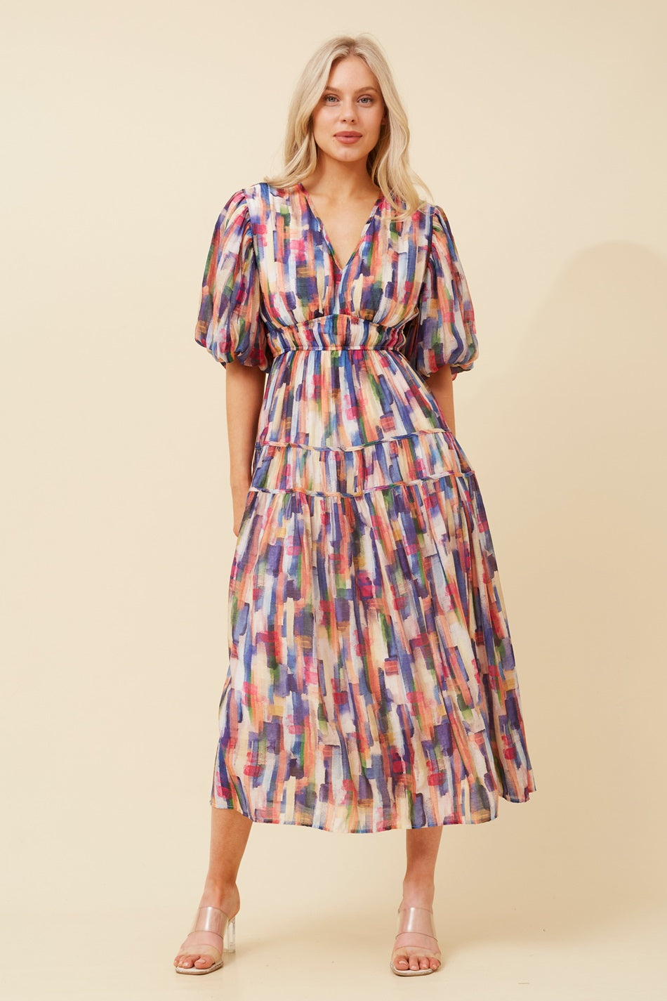 ANUSHKA PUFF SLEEVE MIDI DRESS (Multi Navy)