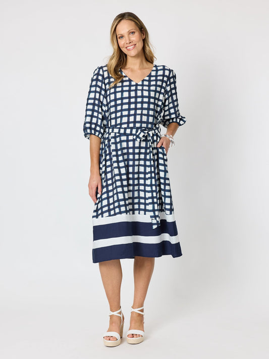 Image of Dresses. Product name - Monaco Grid Print Dress Navy/White in Navy/White colour by brand - Clarity