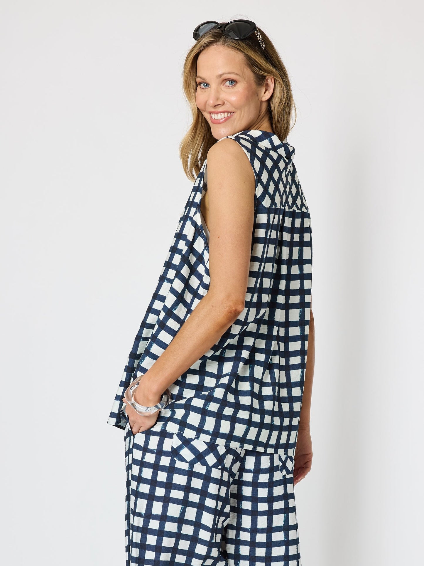Clarity Monaco Grid Print Top (Navy/White)