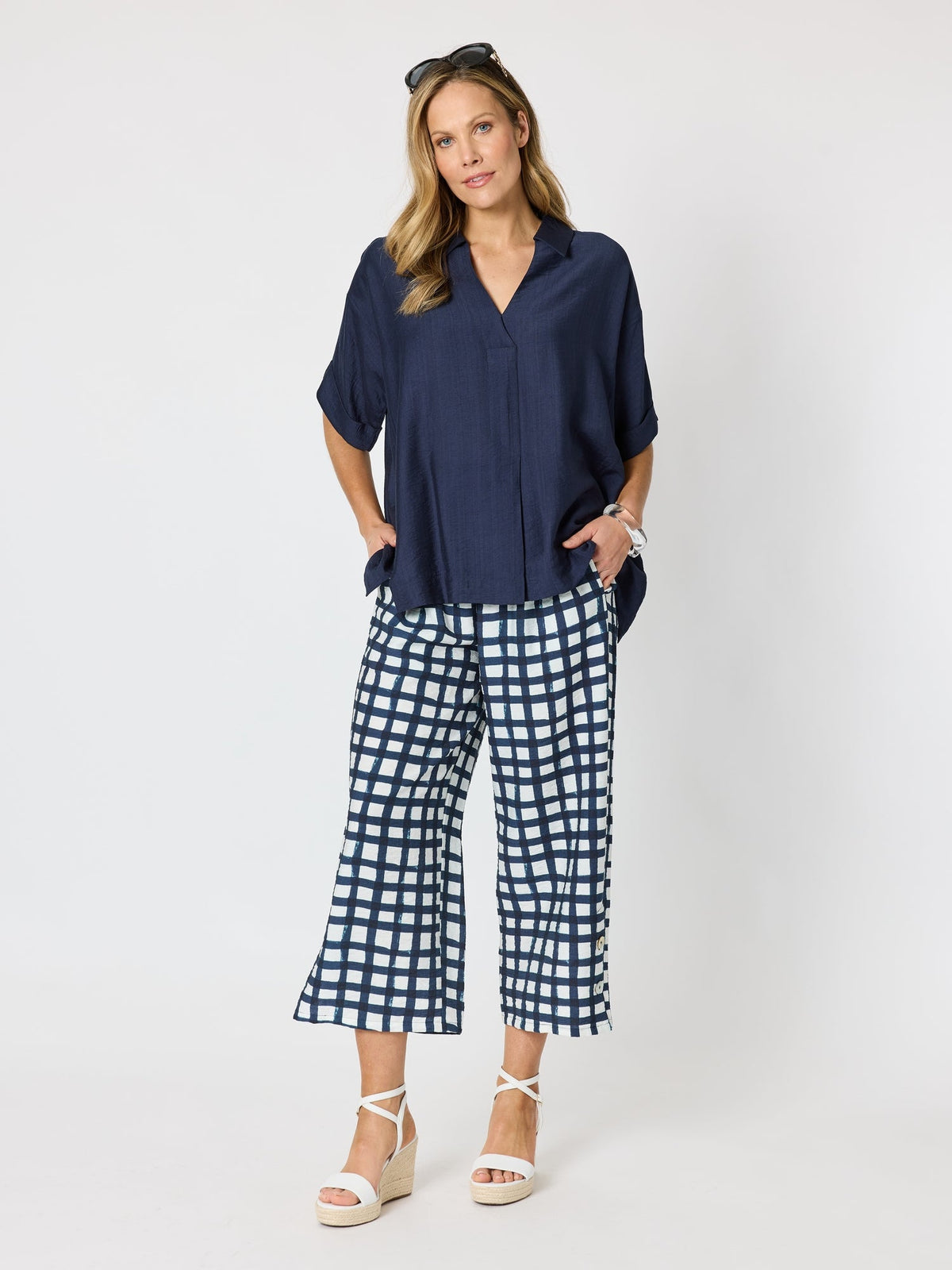 Clarity Monaco Grid Print Wide Leg Pant (Navy/White)