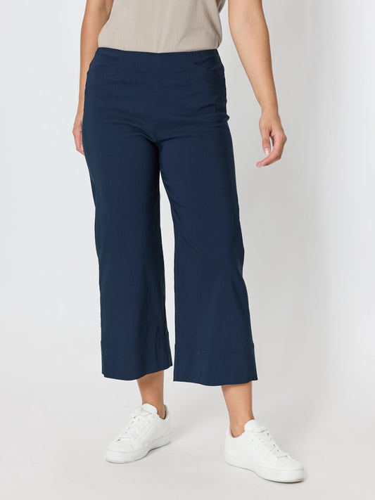 Image of a model wearing Pants. Product name - Zara Wide Leg Pant Navy in Navy colour by brand - Threadz