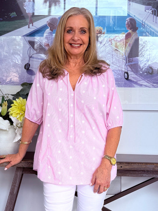 Image of a model wearing Tops. Product name - Monaco Embroidered Spot Top Pale Pink in Pale Pink colour by brand - Gordon Smith